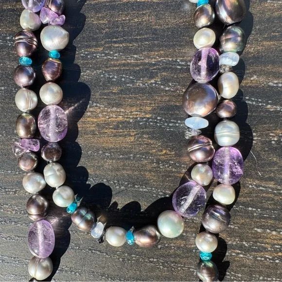 Honora 40 in Pearl & Amethyst Gemstone Necklace and Bracelets, Black, Silver - Picture 9 of 13